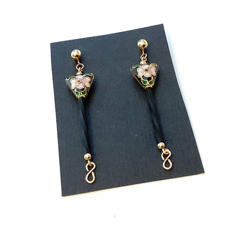 Vintage 14k Gold Cloisonne Earrings, Long and Unique Dangle Jewelry, Art Nouveau - Picture 7 of 8